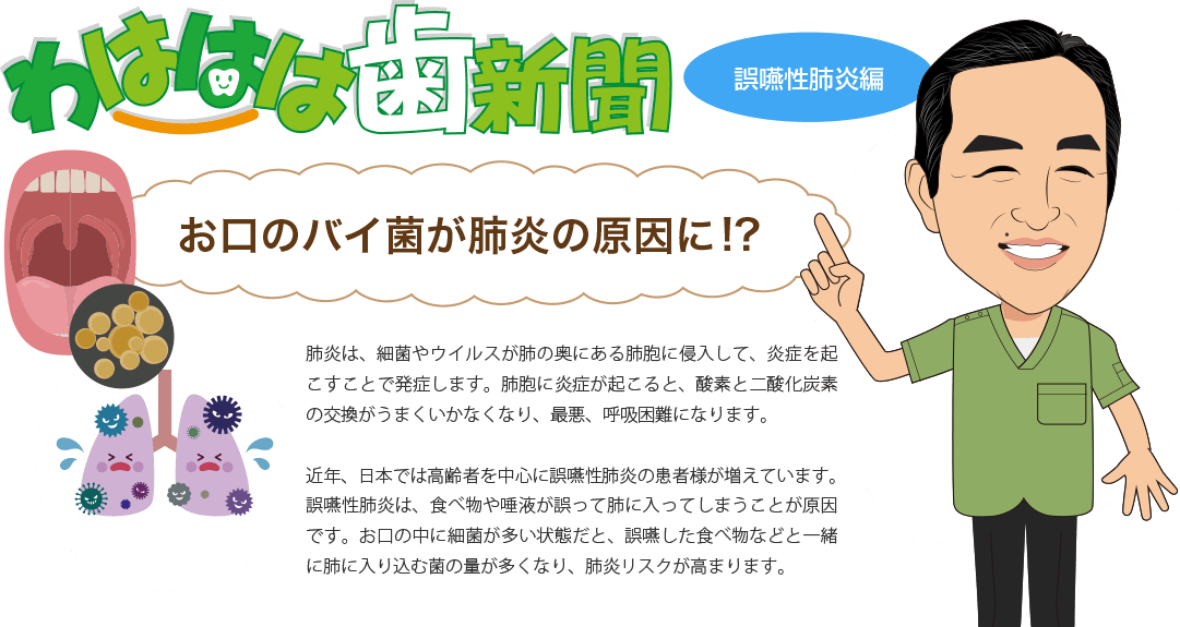 わははは新聞 - 誤嚥性肺炎編 お口の中のバイ菌が肺炎の原因に!?